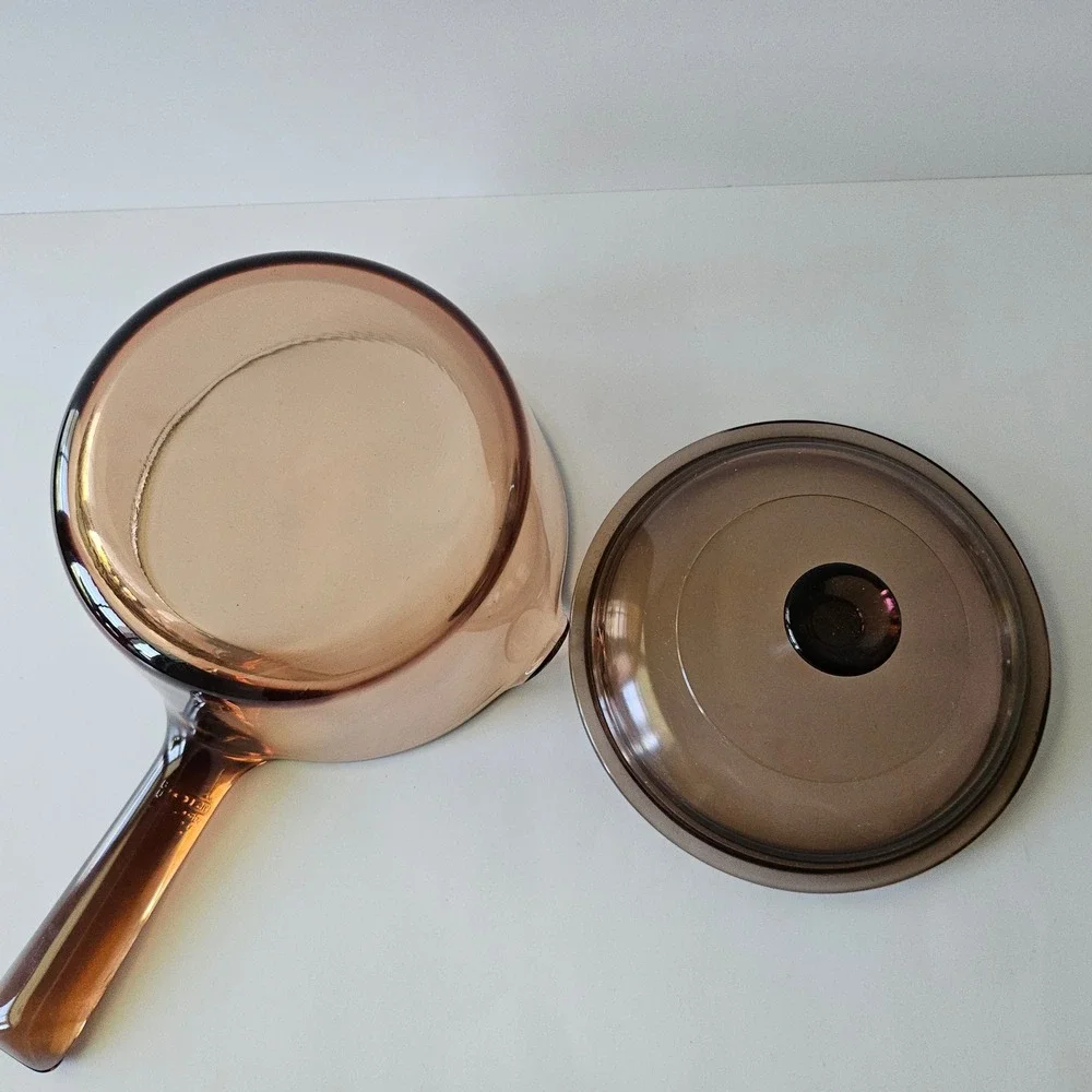 Vtg Corning Vision Ware 1 Liter Sauce Pot  with Lid Amber Glass